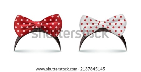 Hair band fashion accessory for baby girl vector illustrations. 3d realistic black headbands with ribbon bow in red and white polka dots, cute feminine hairclip, tiara with shadow and circle shape Royalty-Free Stock Photo #2137845145