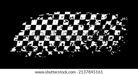 Grunge waing car race flag with scratches vector illustration. White checkered pattern of start and finish of auto rally and motocross, banner for karting sport, championship trophy on black
