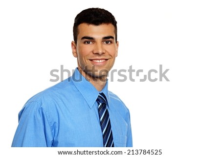 Portrait of young smiling man in blue shirt, right you can write some text