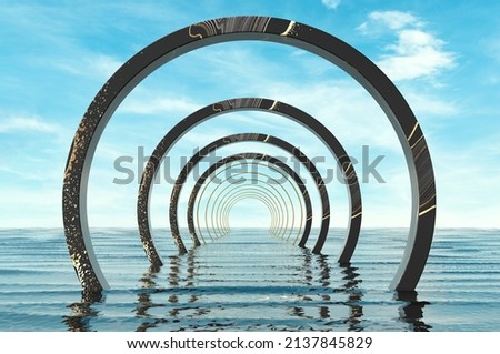 Marble rings in the ocean.3D render Royalty-Free Stock Photo #2137845829