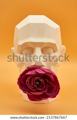Plaster faceted male head with red flowers on a yellow beige background