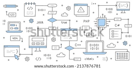 Coding and programming doodle icons. Algorithm scheme to developing software. Computer monitor with code on screen, laptop, microcircuit chip and keyboard, connected by arrows. Line art vector Royalty-Free Stock Photo #2137876781