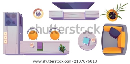 Set of studio, living room, kitchen furniture top view. Sofa, coffee table, television hang on wall, wooden tv stand, desk with chairs and oven, floor lamp, potted plant, Cartoon vector icons set