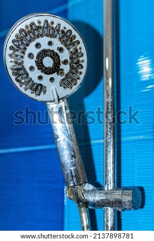 Dirty unhygienic showerhead with mold in bathroom.