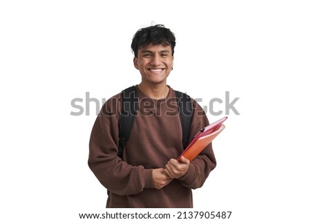 Young peruvian student smiling and looking at camera. Isolated over white background. Royalty-Free Stock Photo #2137905487