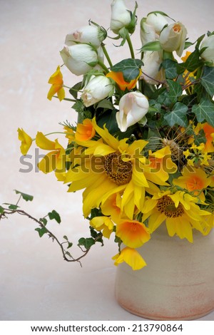 bouquet of roses, sunflowers 