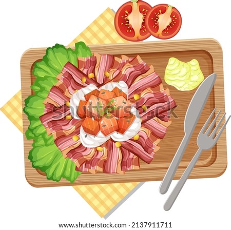 Top view of breakfast on wooden tray illustration