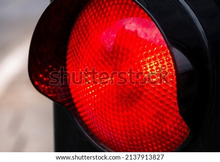 Red light, traffic lights stop signal object macro, detail, extreme closeup, city life, urban area road traffic regulations, law, speeding. Ceasing action, stopping abstract concept, nobody, no people Royalty-Free Stock Photo #2137913827