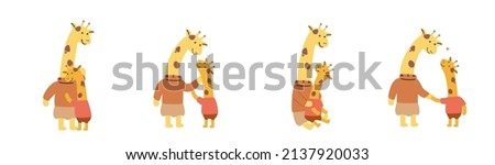 Happy Mother's Day cute giraffe cartoon character collection flat vector illustration isolated on white background. Happy family with mother and children.