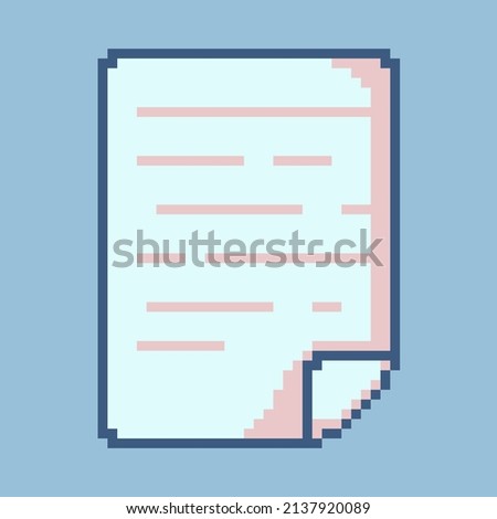 Vector illustration of an isolated pixel blue and pink document with a folded corner. Office paper sheet with text. 8 bit retro game art style symbol
