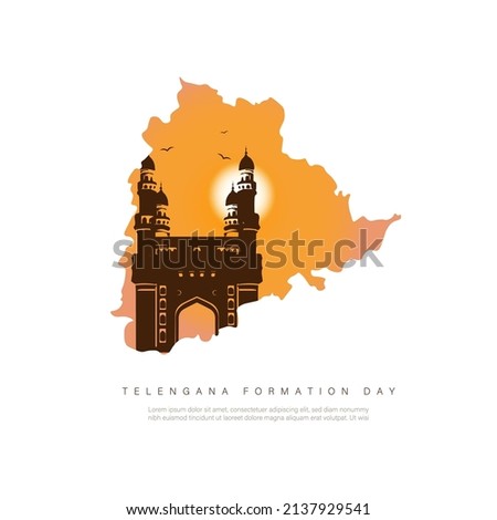 Telangana Formation day vector illustration with Telangana map and Charminar. Royalty-Free Stock Photo #2137929541