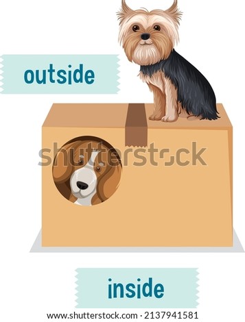 Prepostion wordcard design with dogs and box illustration
