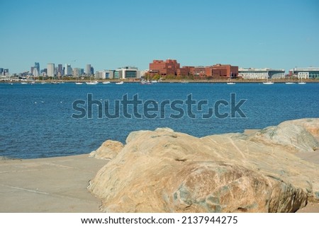 Waterfront of Squantum point park with background of Boston skyline