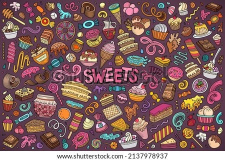 Colorful vector hand drawn doodle cartoon set of Sweets theme items, objects and symbols