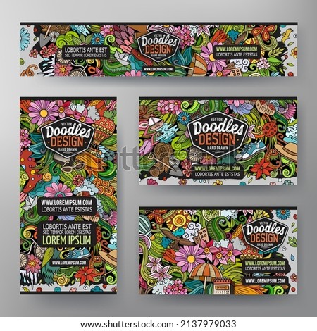 Corporate Identity vector templates set design with doodles hand drawn Spring theme. Colorful banner, id cards, flayer design. Templates set