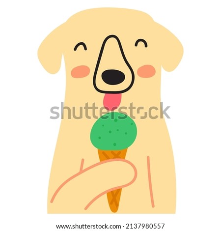 Dog eat ice cream. Hand drawn vector illustration.
