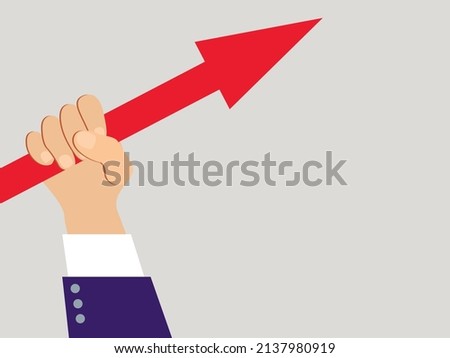 Vector illustration - a man's hand in close-up holds a red arrow pointing upwards and space for copying. Concept - financial growth and business success