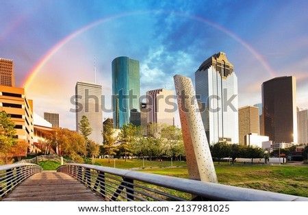 Skyline of Houston with rainbow in Texas, USA, downtown with skyscrapers