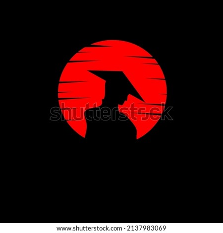 Illustration vector graphics of, template logo silhouette samurai with background red moon from Japan