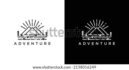 Monoline logo design template of mountain adventure. Premium Vector