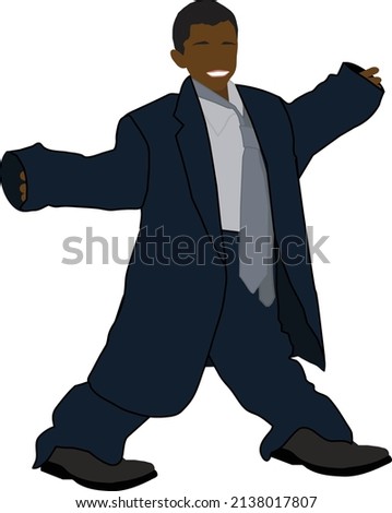 Faceless Boy in Big Oversized Baggy Business Suit Vector Illustration walking over white background. Royalty-Free Stock Photo #2138017807