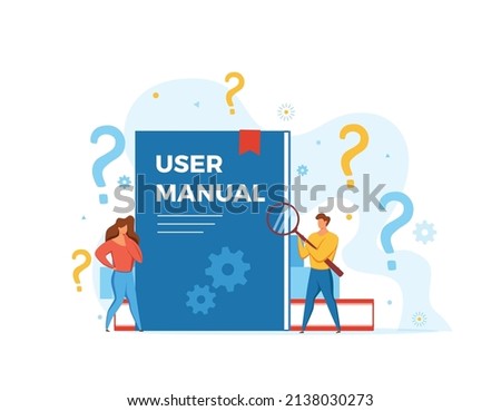 User manual concept vector illustration. People looking at user manual book with guide, operating instructions, requirements and specifications document using magnifying glass. Design template concept