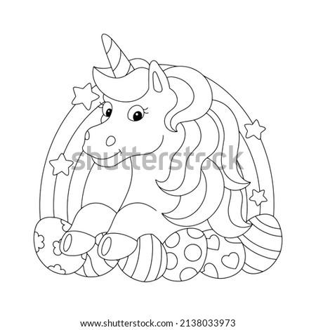 Unicorn congratulates on the holiday of Easter. Coloring book page for kids. Cartoon style character. Vector illustration isolated on white background.
