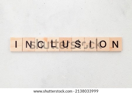 Top view of Inclusion word on wooden cube letter block on white background. Business concept
