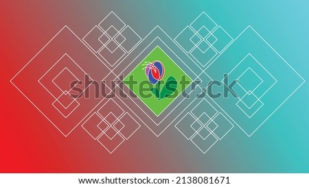 Vector background in gradient color from red to light blue. Pattern of associated squares without fill. In the middle of the square wallpaper with light green color and illustration of a flower.