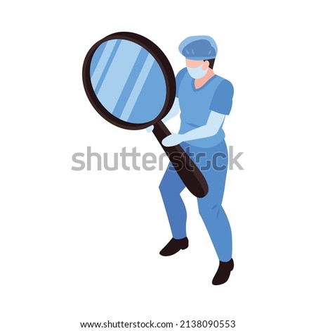 Isometric neurological neurology composition with isolated human character of medical specialist holding magnifying glass vector illustration