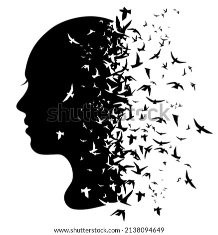 Silhouette of a girl with flying dove, vector illustration