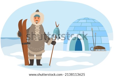 Man in warm clothes living in Arctic vector illustration. Landscape with mountains, beautiful view of pole. Polar region nature, winter scenery. Eskimo with fish after fishing stands near igloo Royalty-Free Stock Photo #2138113625