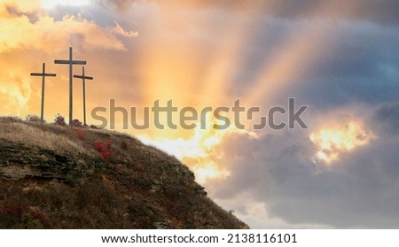 Easter morning, Golgotha hill with silhouettes of the cross, Resurrection background with sunlight, abstract background with copy space for text