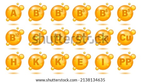 Set of Multi Vitamin complex icons. Multivitamin supplement. A, B group B1, B2, B3, B5, B6, B9, B12, C, D, D3, E, K, H, K1, PP. Essential vitamin complex. Healthy life concept. Vector illustration Royalty-Free Stock Photo #2138134635