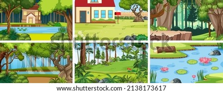 Nature scene with many trees and pond illustration