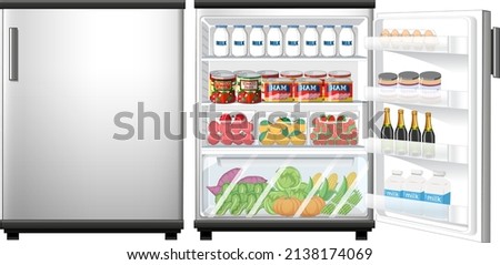 Refrigerator closed and opened door with lots of food illustration