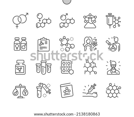 Hormones. Male female gender. Laboratory and medical book. Testosterone and estrogen. Pixel Perfect Vector Thin Line Icons. Simple Minimal Pictogram Royalty-Free Stock Photo #2138180863
