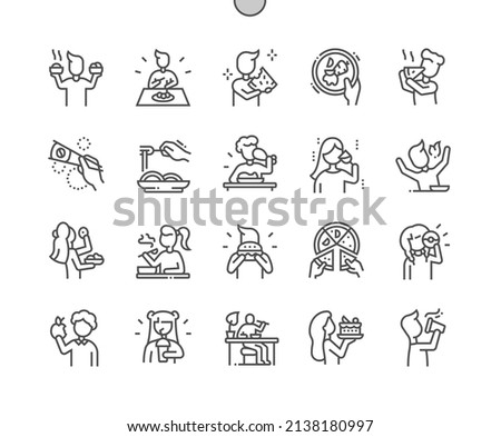 Eat food. People eating. Drink wine. Cafe and restaurant. Pixel Perfect Vector Thin Line Icons. Simple Minimal Pictogram Royalty-Free Stock Photo #2138180997