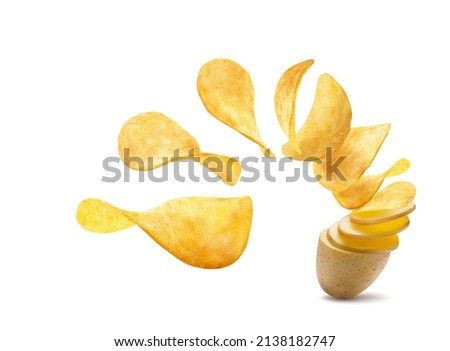 Realistic potato turning into wavy crispy chips, flying snacks splash, vector. Isolated tornado wave whirl of flying potato chips from pack, appetizer advertising Royalty-Free Stock Photo #2138182747