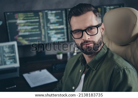 Portrait of nerd guy web content editor write hacking code password debugging solution sit desk in workspace