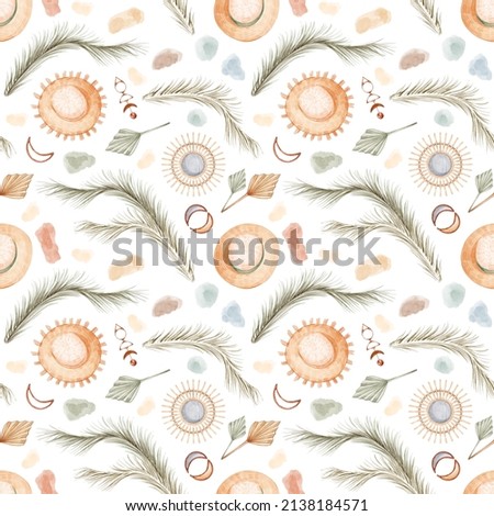 Watercolor boho seamless pattern with illustration of home interior elements ethnic decor, summer wicker hat, tropical dried palm leaves isolated on white background