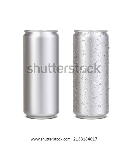 Realistic aluminium can with water drops, silver energy drink beer, soda, lemonade, coffee can mockup. Isolated vector blank 3d tin jars front view, cylinder metal beverage canisters with drops Royalty-Free Stock Photo #2138184817