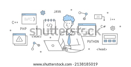Programmer develop code doodle concept. Man with laptop testing program and software for computer or mobile phone. Developer work with java, html, php, python, scripts, Line art vector illustration