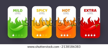 Spicy level labels of pepper with fire flames, vector mild, medium and extra hot taste. Spicy flavor level labels or stickers for package with burning flame of chili pepper, jalapeno or tabasco sauce Royalty-Free Stock Photo #2138186383