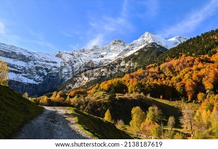 A trail in a mountain pass in autumn. Mountain pass trail. Trail in mountain pass. Autumn mountain pass trail Royalty-Free Stock Photo #2138187619