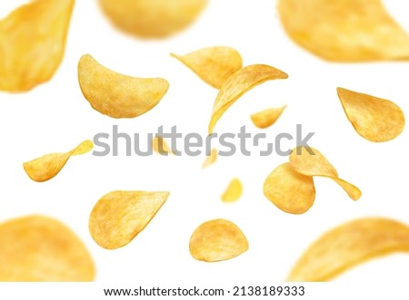 Flying and falling crispy wavy potato chips realistic vector background. Thin crunchy slices of fried potato vegetable with salt and spices 3d backdrop of fast food snacks and crisps Royalty-Free Stock Photo #2138189333