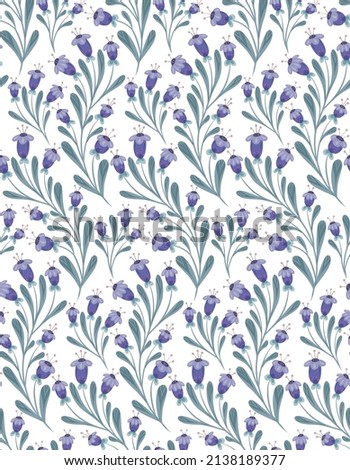 Seamless pattern with small violet flowers on curled stems with folk arts on white background. Vector texture with floral ornaments with naive decorations in very peri color. Natural fabric swatch