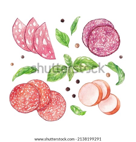 Watercolor sausages, salami and basil leaves isolated on a white