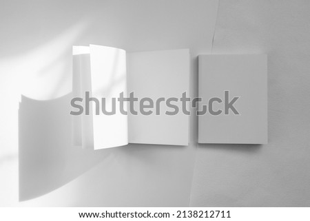 Mockup of brochure with fold. Blank mock up of booklet, menu and book. White paper of magazine. Mockup of leaflet. Template of twofold pamphlet isolated on white background with shadows. Royalty-Free Stock Photo #2138212711