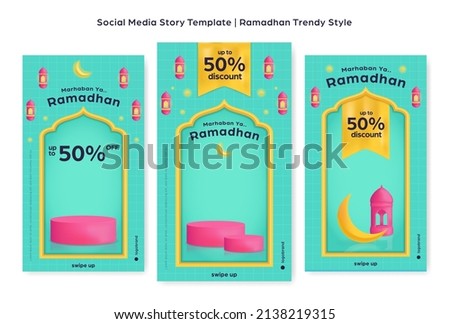 blue trendy colorful instagram story background islamic ramadhan template set for product sale promotion with 3d platform podium showcase display
